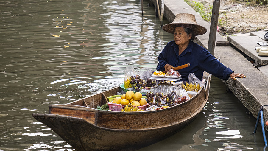 Une vendeuse de fruits au marché flottant de Damnoen Saduak Floating Market à Bangkok